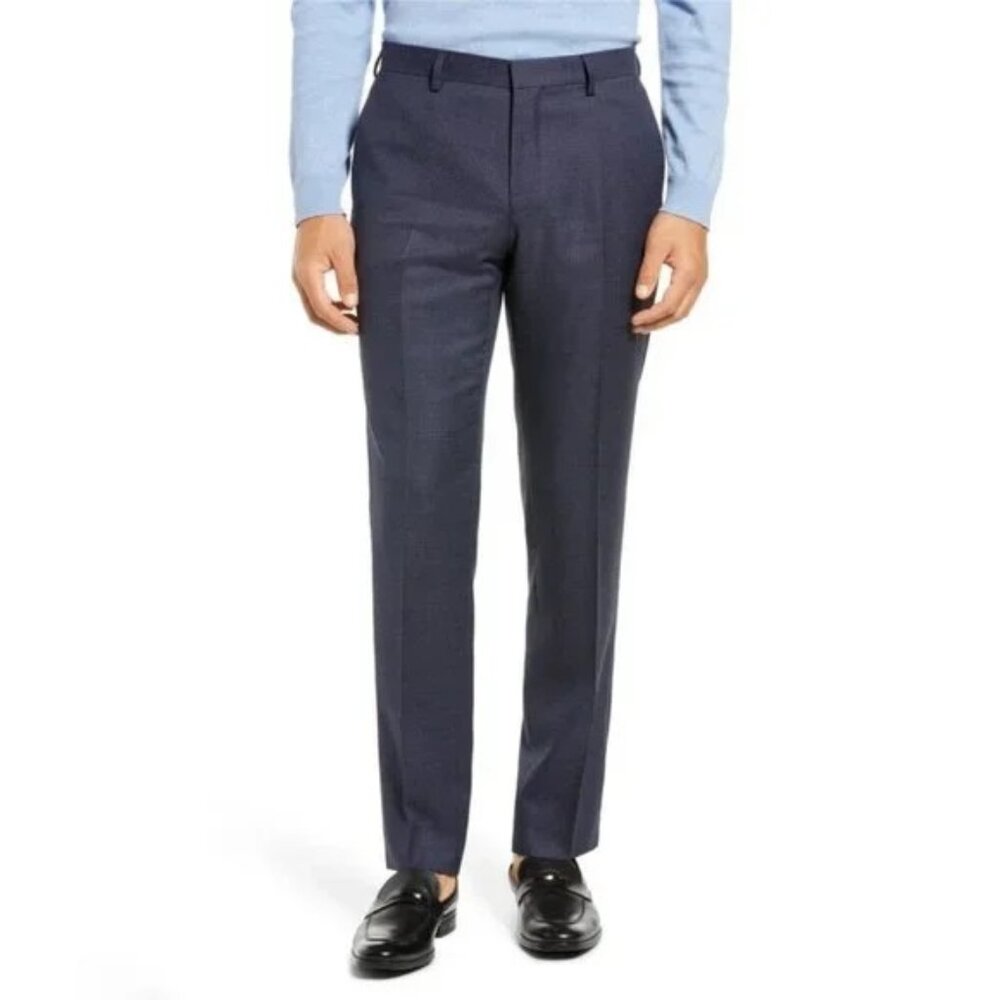 BOSS Hugo Boss Mens Virgin‎ Wool Navy Gray Micro Check Dress Pants Size 35/30